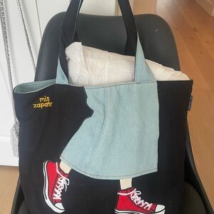 Mis Zapatos Black and Blue Tote Bag with Red Sneakers Design